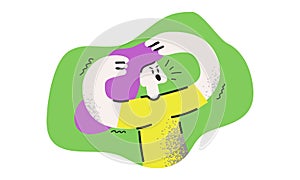 Young angry woman cartoon character isolated on a green background. Unhappy girl with hands raised at the head feeling