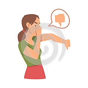 Young Angry Woman Character Expressing Discontent in Social Media with Thumb Down Vector Illustration