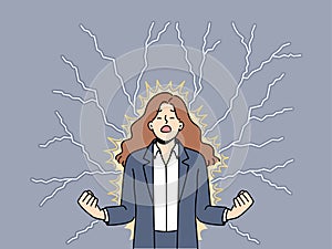 Young angry woman stands among lightning bolts and is nervous about problems affecting company