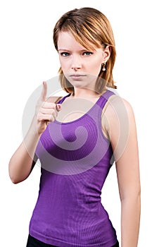 Young angry woman threaten finger