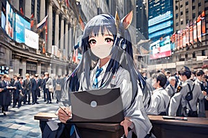 Young Anime Woman Working Diligently At NYSE New York Stock Exchange photo