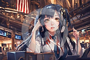 Young Anime Woman Working Diligently At NYSE New York Stock Exchange photo