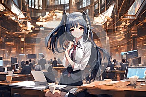 Young Anime Woman Working Diligently At NYSE New York Stock Exchange