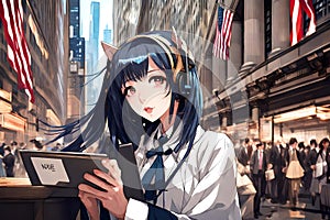 Young Anime Woman Working Diligently At NYSE New York Stock Exchange