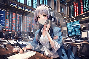 Young Anime Woman Working Diligently At NYSE New York Stock Exchange