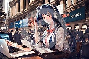 Young Anime Woman Working Diligently At NYSE New York Stock Exchange