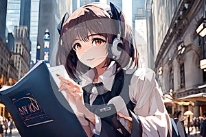 Young Anime Woman Working Diligently At NYSE New York Stock Exchange