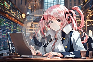 Young Anime Woman Working Diligently At NYSE New York Stock Exchange