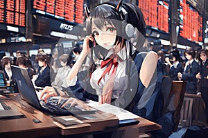 Young Anime Woman Working Diligently At NYSE New York Stock Exchange