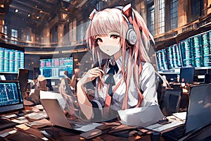 Young Anime Woman Working Diligently At NYSE New York Stock Exchange