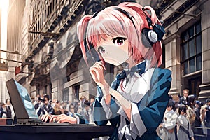 Young Anime Woman Working Diligently At NYSE New York Stock Exchange