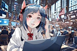 Young Anime Woman Working Diligently At NYSE New York Stock Exchange