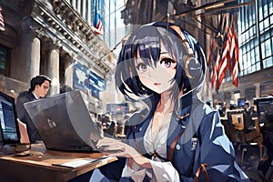 Young Anime Woman Working Diligently At NYSE New York Stock Exchange