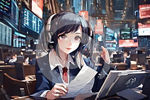 Young Anime Woman Working Diligently At NYSE New York Stock Exchange