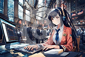 Young Anime Woman Working Diligently At NYSE New York Stock Exchange