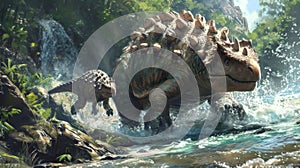 A young ankylosaurus being lifted to safety by its parent who uses its powerful tail to battle against the rushing