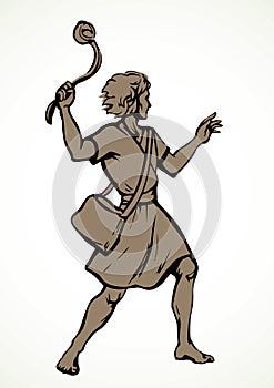 David throws a stone from the sling. Vector drawing