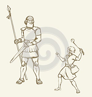 David and Goliath. Vector drawing