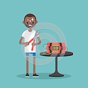 Young anxious black man trying to defuse the bomb / flat editable vector illustration, clip art