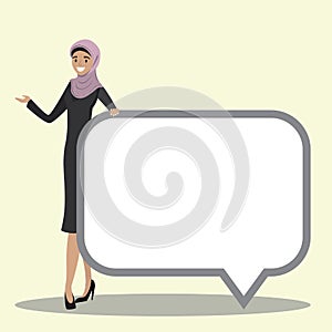Young arab businesswoman holding speech bubble template,cartoon