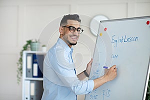 Young Arab male teacher giving online class, explaining new material, writing English rules on blackboard at home office