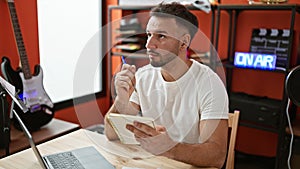 Young arab man musician composing song writing on notebook at music studio