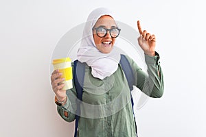 Young Arab student woman wearing hijab and drinking coffee over isolated background surprised with an idea or question pointing
