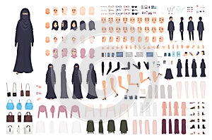Young Arab woman in burqa constructor set or animation kit. Bundle of female character body parts, emotions, traditional