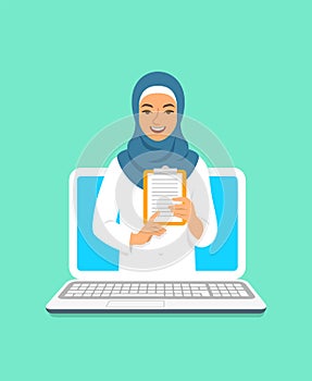 Young arab woman doctor online consultation