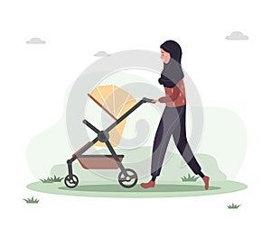 Young arab woman walking with her newborn child in an pram. Girl on a walk with a stroller and a baby in nature in the