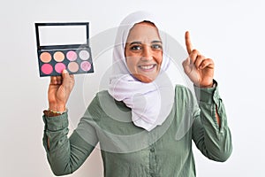 Young Arab woman wearing hijab showing makeup blush palette over isolated background surprised with an idea or question pointing