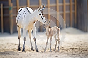 young arabian oryx calf standing beside mother