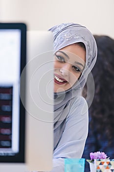 Young Arabic business woman wearing hijab,working in her startup