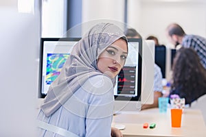 Young Arabic business woman wearing hijab,working in her startup