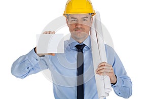 Young Architect holding business blank card.