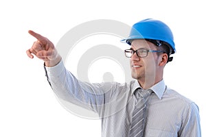 Young architect pointing to distance smiling