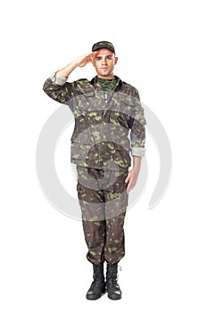 Young army soldier saluting