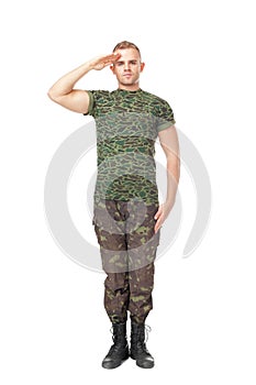 Young army soldier saluting