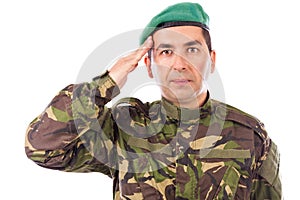 Young army soldier saluting isolated