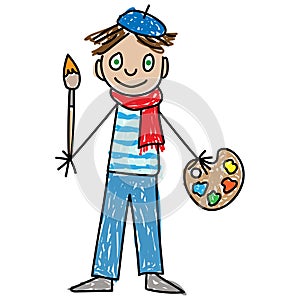 Young artist with brush and palette. Children art school. Kids Drawing style vector