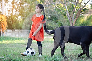 A young Asain girl playing football with her big black dog outside the grass ground in the yard in the evening