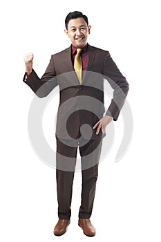 Young Asia Businessman Pointing Something Behind