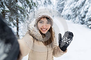 Young Asian Beautiful Woman Smile Camera Taking Selfie Photo In Winter Snow Forest Girl Outdoors