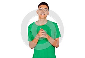 Young Asian boy in green casual t-shirt white background