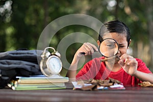 Young asian boy studying a leaf with magnifying glass