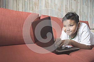 Young asian boy using laptop computer on a sofa at home.