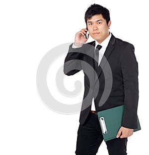 Young asian business man with file and phone