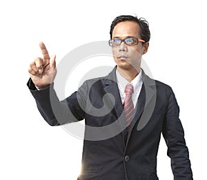 Young asian business man pointing by right hand finger isolated