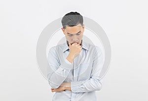 Young asian business man unhappy and frustrated with something. Negative facial expression isolated on white background.