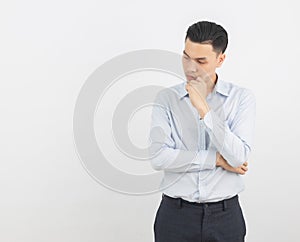 Young asian business man unhappy and frustrated with something. Negative facial expression isolated on white background.